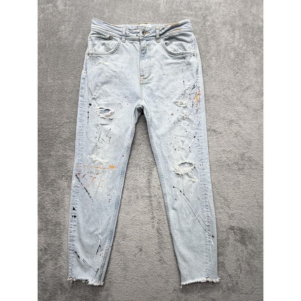 Zara Jeans Mens Measured 30x26 Blue Distressed Paint-Splatter Frayed Hem Slim